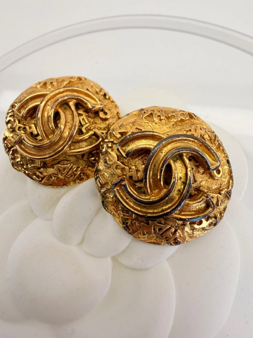 Chanel Vintage CC Hammered Gold Earrings Clip Ons